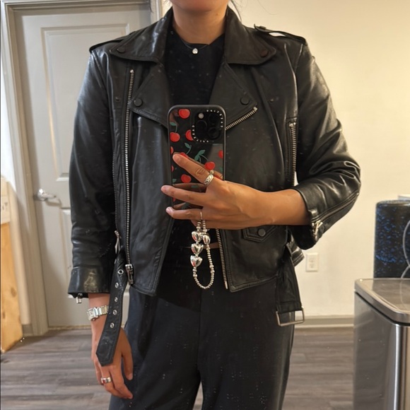 Allsaints cropped Black Leather Jacket - Picture 3 of 3